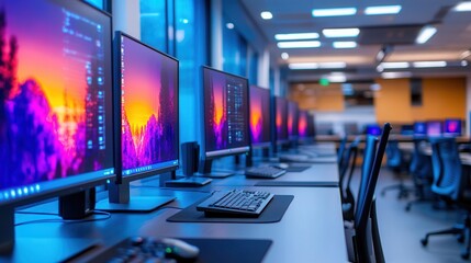 Modern computer lab with multiple desktop monitors in a row, illuminated by vibrant screensavers in a bright workspace.