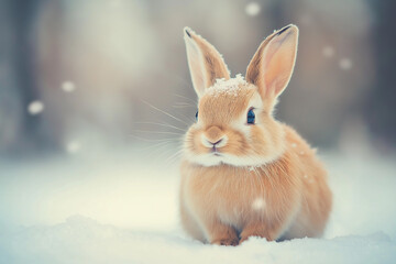Obraz premium Cute photo of a young rabbit in a lovely winter morning.