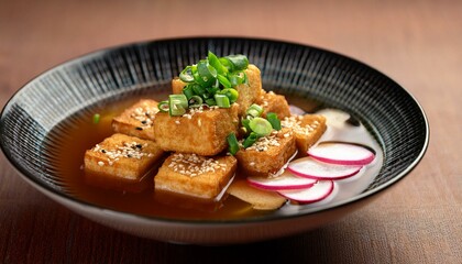 だしベースのスープでカリカリに揚げた油揚げに、大根おろし、ネギ、煎り胡麻を添え、上品な陶板に盛り付けました。