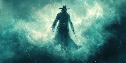 Mysterious cowboy figure in misty clouds, cloaked in shadows and intrigue, holding a weapon in hand, surrounded by an ethereal, atmospheric background.