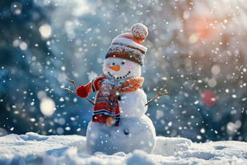 Christmas greeting card with bright winter holiday snowman and New Year background