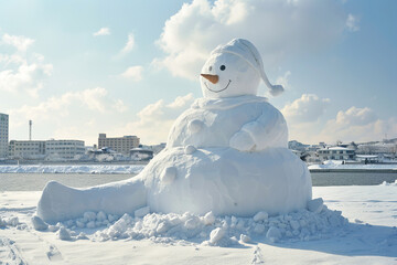 Christmas greeting card with bright winter holiday snowman and New Year background