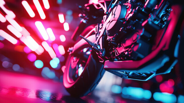 close up of motocross bike engine revving, showcasing its intricate design and powerful mechanics. vibrant neon lights create intense atmosphere, highlighting bikes features