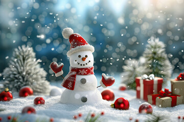 Christmas greeting card with bright winter holiday snowman and New Year background