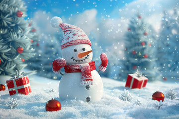 Christmas greeting card with bright winter holiday snowman and New Year background