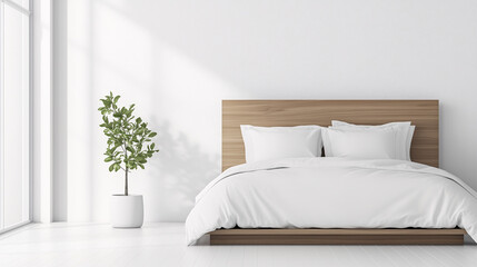 Modern bedroom with a minimalist aesthetic, platform bed with monochrome bedding, and a single plant adding a natural touch