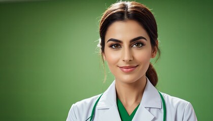 Happy female doctor poses indoors. Captured during daytime, highlights professionalism in healthcare.