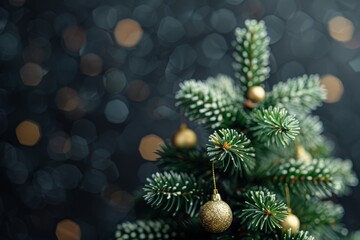 Fototapeta premium Decorated Christmas tree with golden ornaments glistening against a blurred bokeh background during festive season