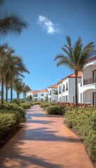 Fototapeta premium Tropical resort with white buildings, palm trees, and a pathway leading to the beach.