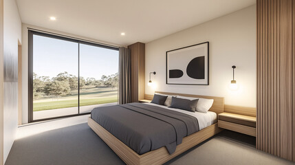 Modern minimalist bedroom with a floating wooden shelf, sleek gray bedding, and a black and white art piece above the bed