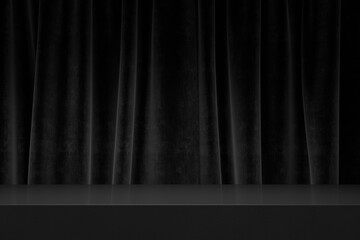 Black velvet curtain background with empty stage table platform. Showcase interior podium mockup...