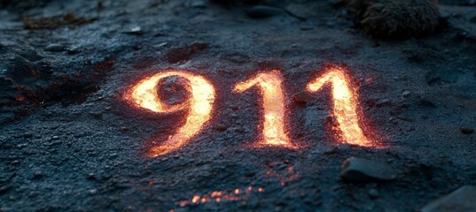 Glowing Emergency Number 911 Written in Dark Sand at Night, Concept for Emergency Call