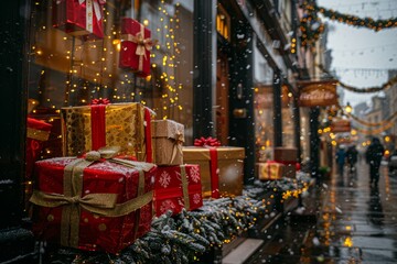 Festive holiday gifts wrapped in vibrant colors on a quaint street adorned with twinkling lights during a snowy winter evening