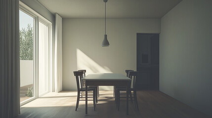 Fototapeta premium Modern minimalist dining setup with a clean white table, dark chairs, and a low-hanging pendant light