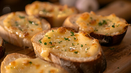 A close-up of garlic bread with melted cheese and garlic butter