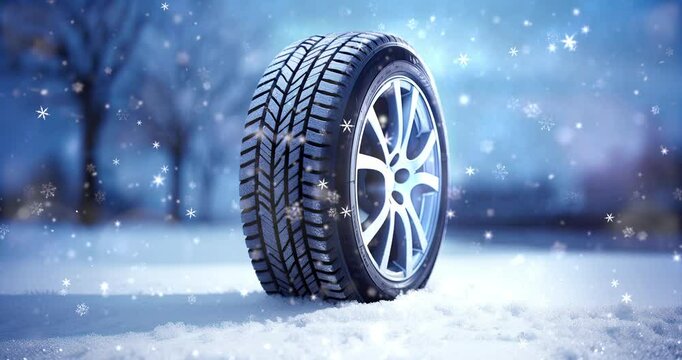 Showcase of new winter tire on snowy road. Winter seasonal 4K loop animation for advertisement.