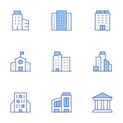 Building icons set. Line Duotone style, editable stroke. building, polling place, middle school, company, bank, buildings, apartment