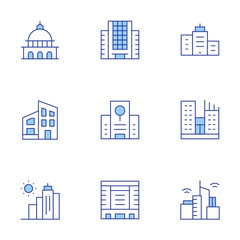 Building icons set. Line Duotone style, editable stroke. building, sun, research center, modern house, city building, capitol, smart city