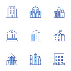 Building icons set. Line Duotone style, editable stroke. company, buildings, school, courthouse, building, apartment