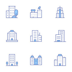 Building icons set. Line Duotone style, editable stroke. office, resort, company, flat, building