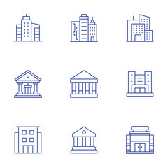 Building icons set. Thin Line style, editable stroke. buildings, college, company, condominium, courthouse, department