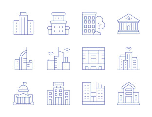Building icons. Thin Line style, editable stroke. apartment, building, company, government, skyscraper, architecture, bank, smart city