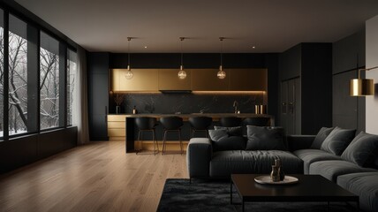 Modern kitchen and living room with black and gold accents, wood floors, large windows, and a view of trees.