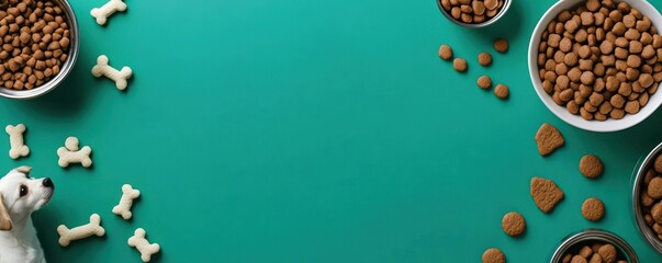 Aerial View of Dog with Bowls and Treats on Vibrant Green Background