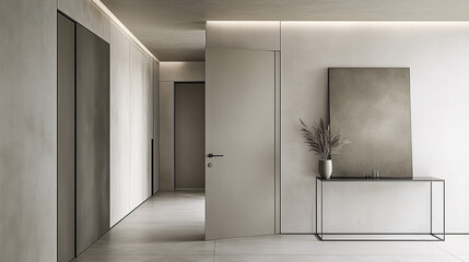 Modern minimalist hallway with light gray walls, abstract geometric artwork, and a thin metal console table with a potted plant