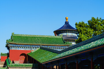 Obraz premium Overlooking the Hall of Prayer for Good Harvest through palace roof in the Temple of Heaven, a major landmark and travel destination in Beijing, China