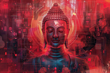 Beautiful greeting card with ancient statue great Buddha to bright holiday composition