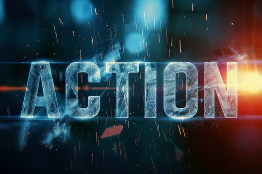 A cinematic photo featuring a subtle lens flare, creating a dreamlike atmosphere. The large text "ACTION" dominates the composition, with a textured pen_spark background.