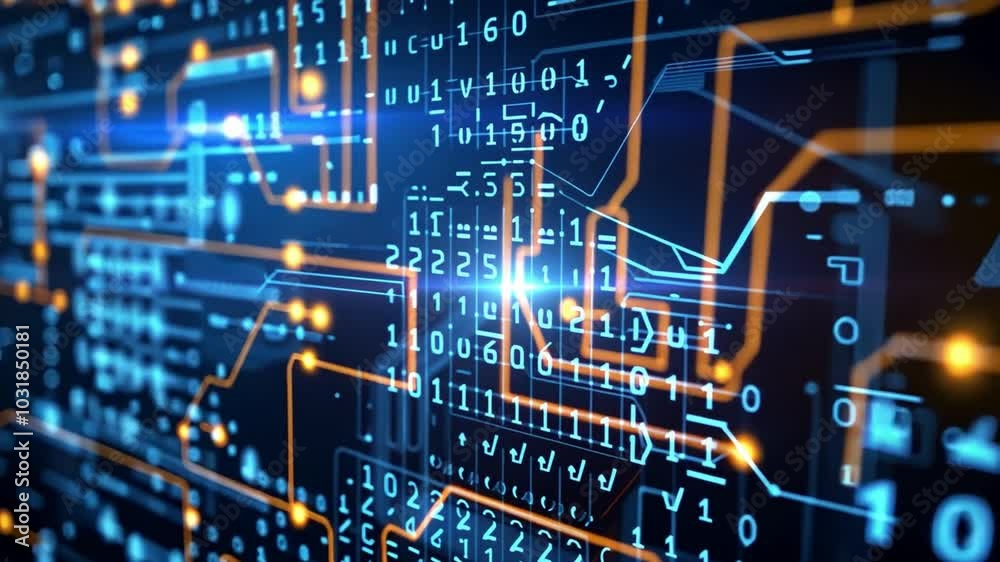 Poster A vibrant digital circuit board displays luminous lines and binary code, illustrating the concepts of technology and data processing in a dynamic, futuristic environment.