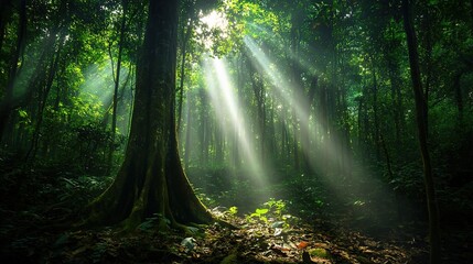 Obraz premium Serene Forest with Sunlight Beams Through Trees