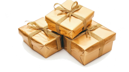 Stacked Golden Christmas Gift Boxes on Clear Background Generative AI