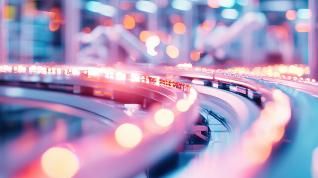Automated warehouse system featuring robotic arms and conveyor belt, showcasing advanced technology in vibrant, illuminated environment. scene captures efficiency and innovation of modern logistics