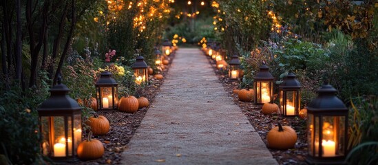 Fototapeta premium A stone pathway lit by lanterns and pumpkins, leading through a garden at dusk.