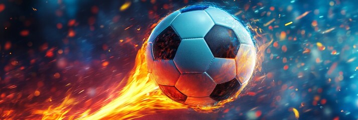 Fototapeta premium A soccer ball engulfed in flames streaks across the field, leaving a trail of fire and sparks, representing power, speed, passion, and the intensity of the game.