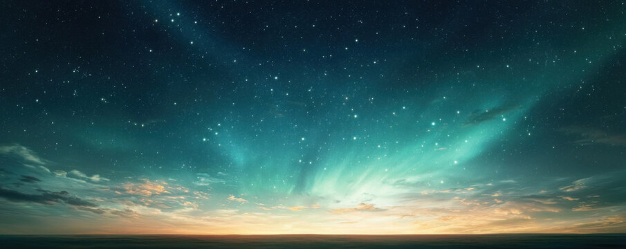 breathtaking view of starry night sky over serene landscape, with twinkling stars and soft glow on horizon. tranquil atmosphere evokes sense of wonder and peace