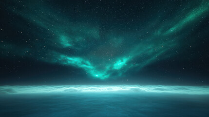 stunning view of night sky filled with stars, showcasing vibrant green auroras above misty horizon. ethereal atmosphere creates sense of wonder and tranquility