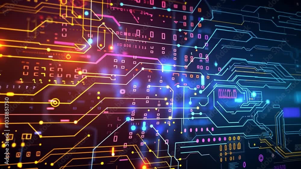 Poster The design features a colorful circuit board illuminated by bright lights, showcasing intricate patterns and connections that symbolize advanced technology and digital innovation.