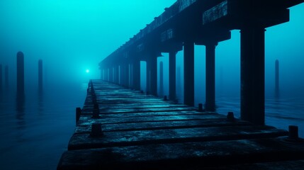 Fototapeta premium A solitary dock, seemingly abandoned and swallowed by an ominous fog, hints at a lost civilization and a dystopian future. The wooden planks and weathered pillars create an atmosphere of decay and mys