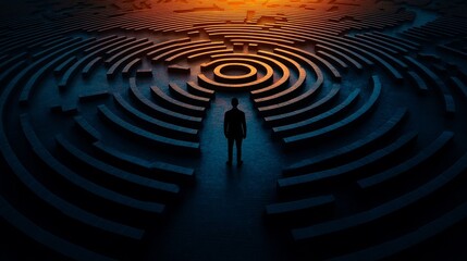 A solitary figure stands at the center of a circular labyrinth, symbolizing the challenges of life, decision-making, finding a way, and overcoming obstacles.