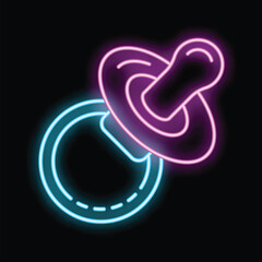Colorful neon sign of a baby pacifier glowing on a black background