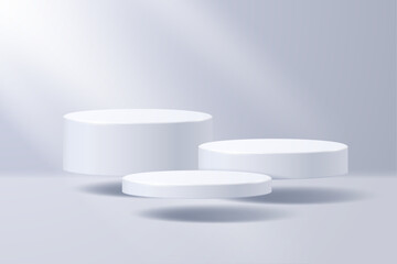 Collection of podiums levitating in space against the background of a fog illuminated by rays of sunlight. Minimalistic abstract scene. Vector illustration.