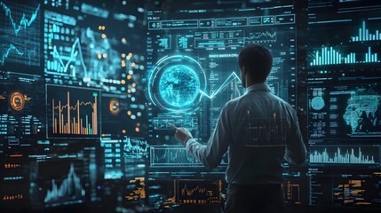 Futuristic Holographic Interface Tracking Real Time Market Trends and Financial Data Visualization