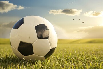 A soccer ball placed on a grassy field