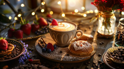 Fototapeta premium Warm coffee cup with latte art and pastry on a rustic table, surrounded by strawberries, blueberries, and festive lights