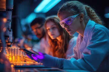 Scientists in a laboratory conducting experiments with test tubes, focused on research and innovation, under bright laboratory lights.