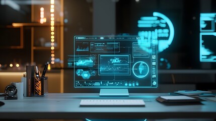 Futuristic Holographic Desk Interface for Efficient Digital Workspace Management